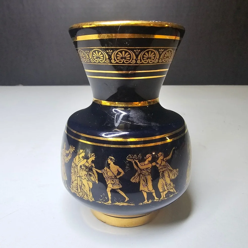 Neofitou Keramik Greek Vase Cobalt Blue 24K Gold Handmade Greece B32 Vintage